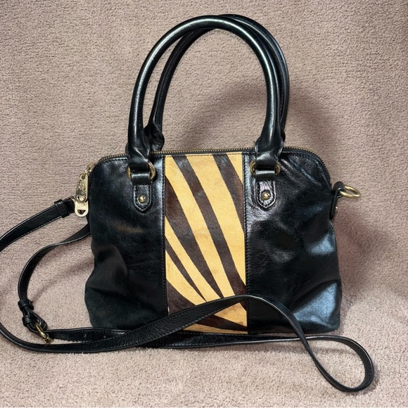 Badgley Mischka Belle Black Leather and Zebra Stripe handbag - Picture 1 of 11